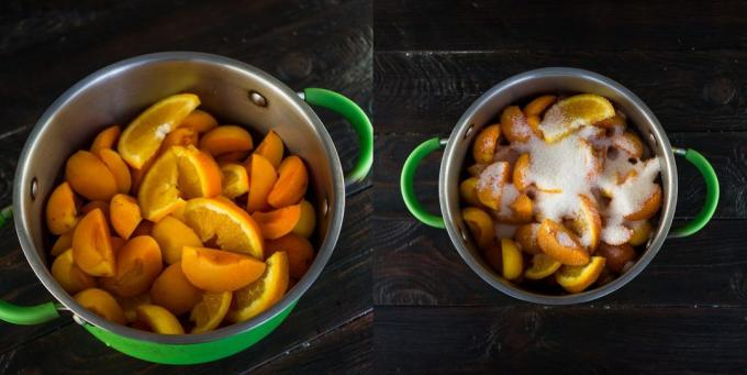 Dżem z moreli i pomarańczy: owoce, wlać cukru