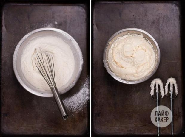 Aby zrobić ciasteczka z nadzieniem czekoladowym à la fondant, w jednej misce wymieszaj mąkę, a w drugiej masło.