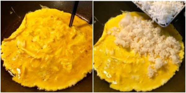Jak gotować ryż smażony z jajkiem: smażyć jajka i dodać ryż