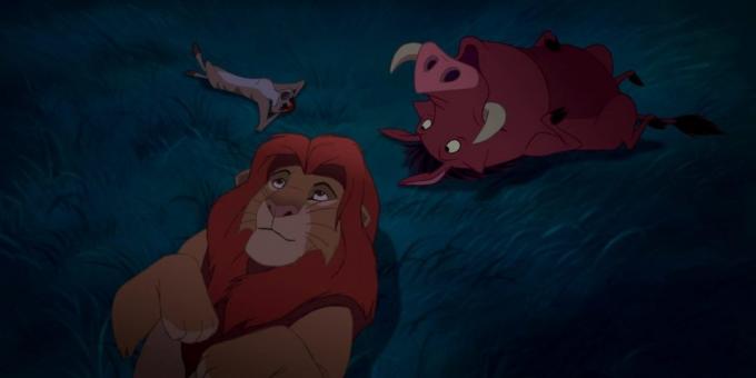 Kreskówki „The Lion King”: Simba, Timon i Pumba są pod nocnym niebem i myśleć o naturze gwiazd