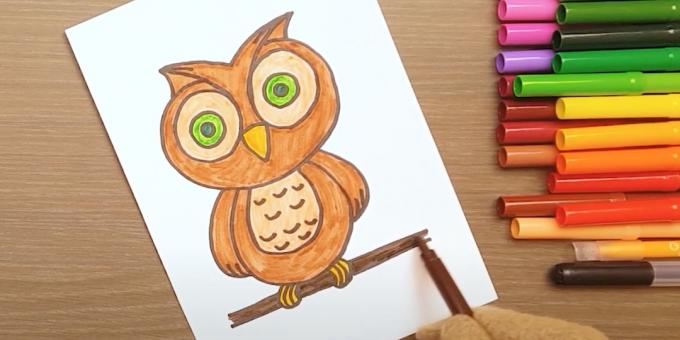 Jak narysować sowę: pomaluj oczy, nogi i gałąź