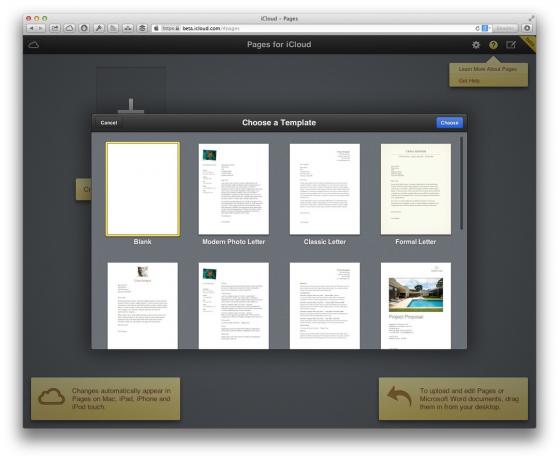 Wybierając szablon dla nowego dokumentu na stronach dla iCloud