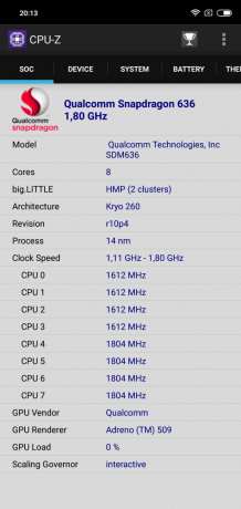 Przegląd Xiaomi redmi Uwaga 6 Pro: CPU-Z