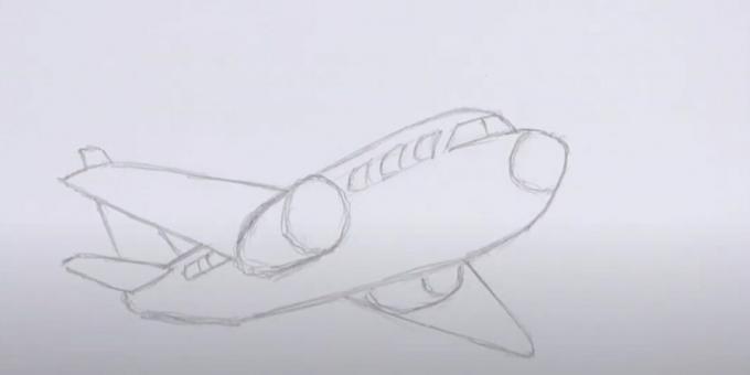Jak narysować samolot: narysuj iluminatory, szybę oraz silnik