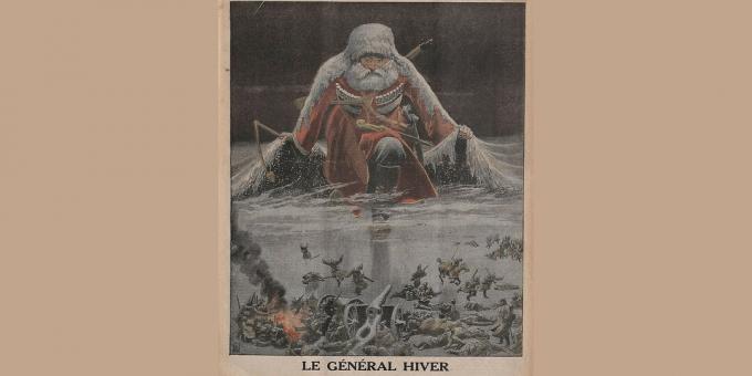 Historia imperium rosyjskiego: „Generał Zima napiera na armię niemiecką”, ilustracja Louis Bomblay z Le Petit Journal, styczeń 1916. 