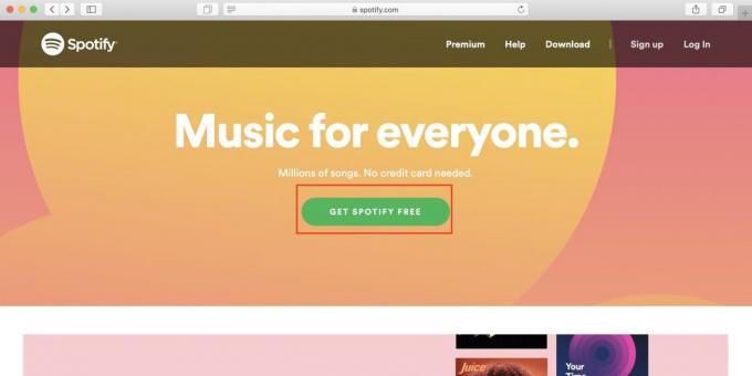 Jak korzystać z Spotify w Rosji: otwartą stronę Spotify i kliknij przycisk Get Spotify bezpłatny