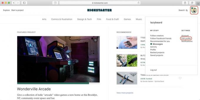Jak kupować na Kickstarter: kliknij na ikonę profilu, a następnie - na przycisk Edycja profilu