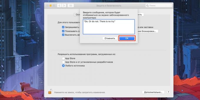 Komunikaty na ekranie blokady Mac: Wpisz tekst, który chcesz i potwierdzić przyciskiem „OK”