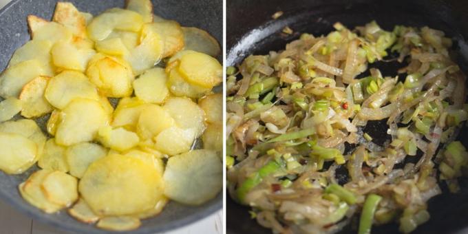 omlet ziemniaczany: podsmażyć cebulę i ziemniaki
