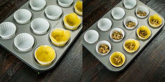 Babeczki jajeczne: Umieść nadzienie ziemniaczane w foremkach do muffinek