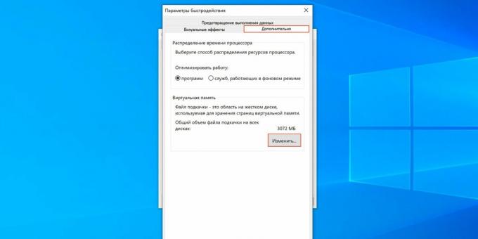 Jak dostosować plik stronicowania systemu Windows 10: kliknij przycisk „Zmień ...”