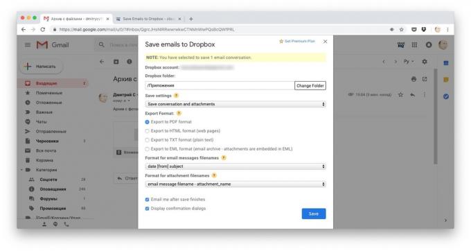 Sposoby pobierania plików do Dropbox: skopiuj cały list przez Save e-maili do Dropbox