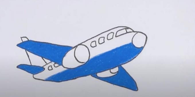 Jak narysować samolot: zakreśl rysunek i dodaj niebieski kolor