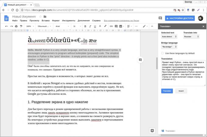 Google Docs dodatki: Tłumaczenie +