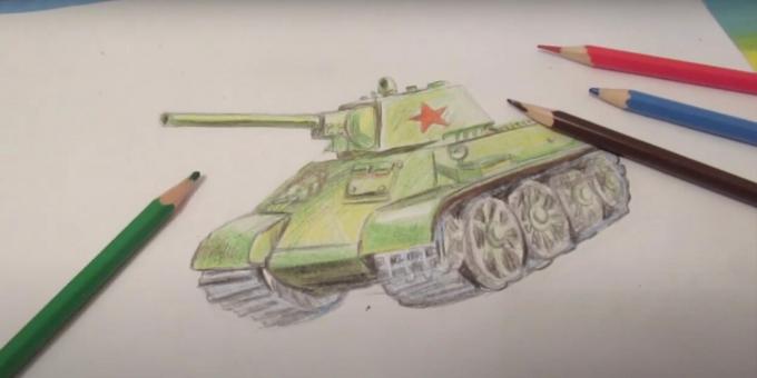 Rysunek czołgu z kolorowymi kredkami