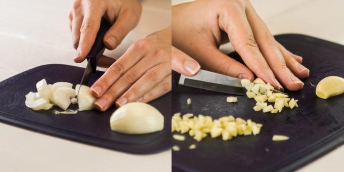 Jak gotować ziemniaki z mięsem: posiekać cebulę i czosnek