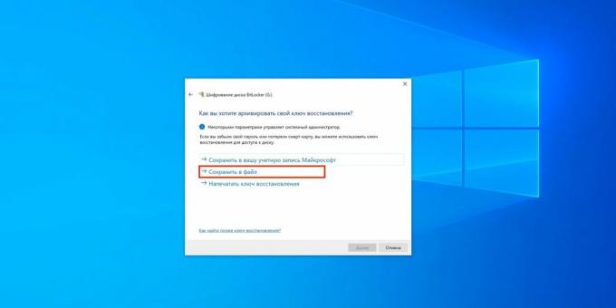 Jak ustawić hasło na dysku flash USB: wybierz jedną z opcji archiwizacji klucza odzyskiwania