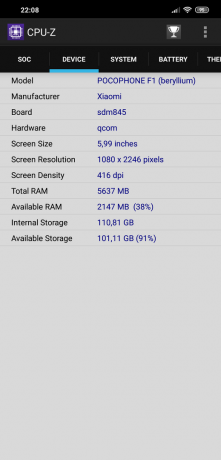 przeglądu Xiaomi Pocophone F1: CPU-Z