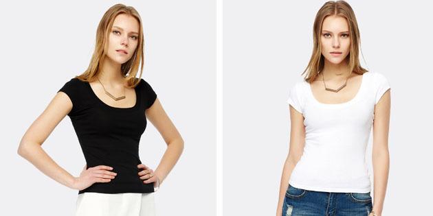 Podstawowe damskie koszulki z europejskich sklepów: zwykły T-shirt z U-kształtna szyja