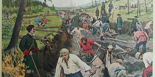 Historia Imperium Rosyjskiego: budowa Kanału Ładoga, rys. Aleksandra Morawowa i Iwana Sytina, 1910 r. 