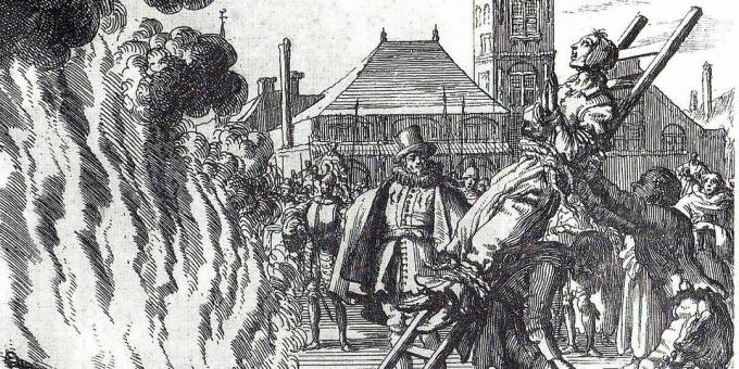 Inkwizycja w średniowieczu: "Spalanie XVI-wiecznego holenderskiego anabaptystki Anneken Hendrix, oskarżony o herezję", ryc. Jan Leuken