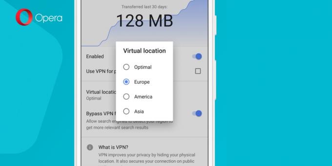 Wbudowany VPN dla urządzeń z systemem Android Opera beta: wybór regionu