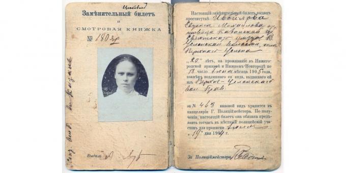 Historia Imperium Rosyjskiego: zaświadczenie prostytutki o prawie do pracy na targach w Niżnym Nowogrodzie za lata 1904-1905.