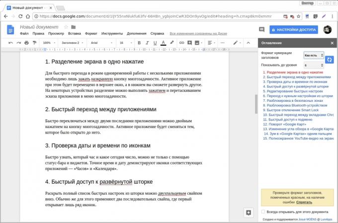 Google Docs dodatki: Spis treści