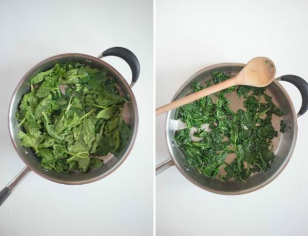 Włoski sernik: przepis. Dodaj umyte i wysuszone liście szpinaku z kroplą oliwy z oliwek