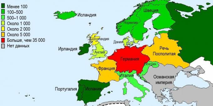 Liczba zabitych czarownic w krajach europejskich w XV - XVII wieku.