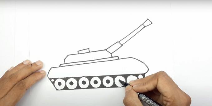 Jak narysować czołg: narysuj działo i wyszczególnij rolki