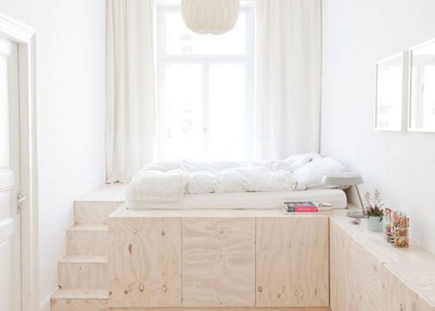 Wąska sypialnia: schowek pod łóżkiem
